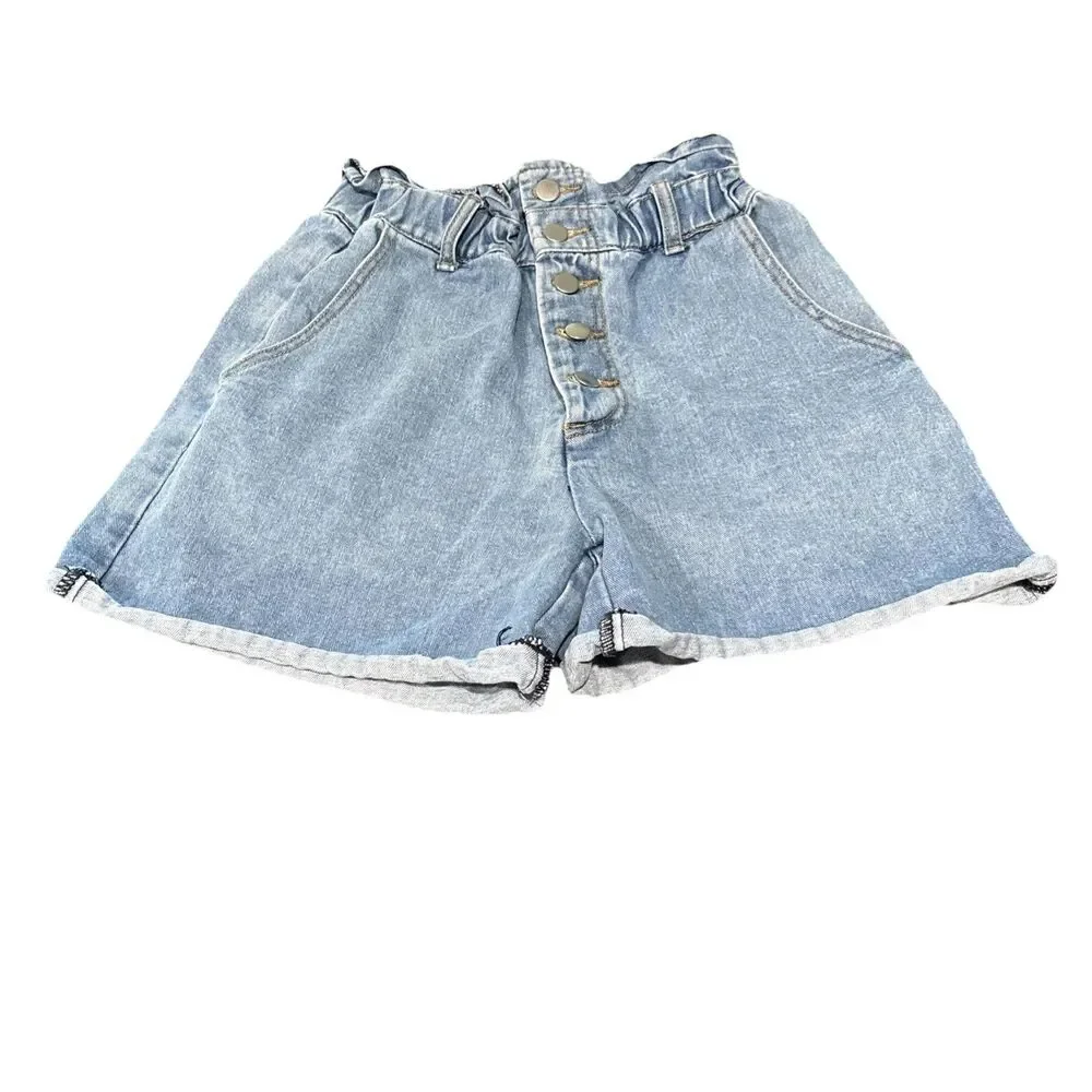 Forever 21 Denim LightWash Short Sz Small High-Rise Button Butterfly Paper Bag - Picture 2 of 7